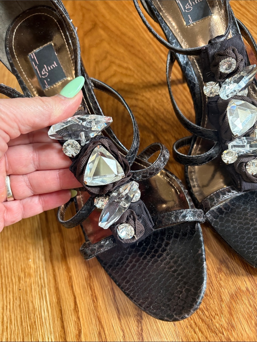 Vero Cuoio Glint briwn chunky clear jewels strappy Evening Sandals size 8.5